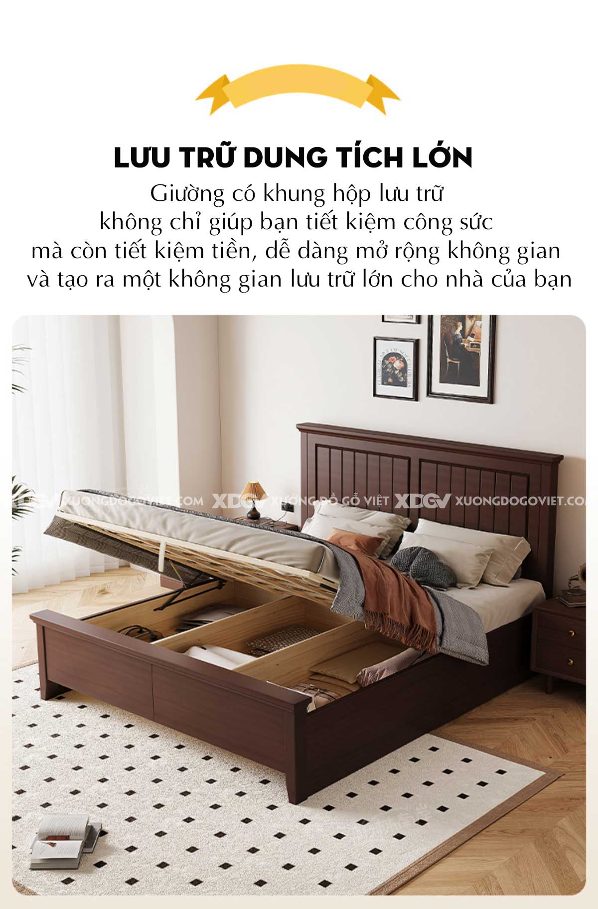 Giường Gỗ Căm Xe Tân Cổ Điển Đầu Viền Khung Pano Nan Sọc Dọc