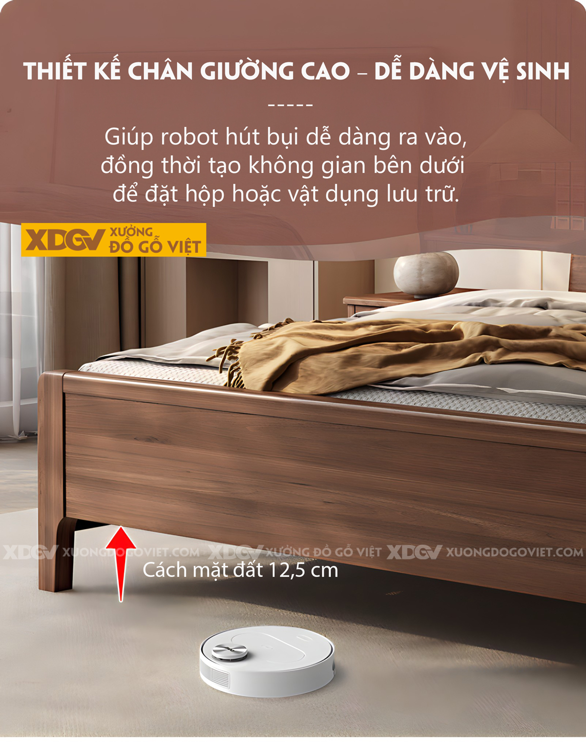 Giường Gỗ Lim Hiện Đại Chân Cao Đầu Ốp Nệm Rút Múi Sọc Dọc