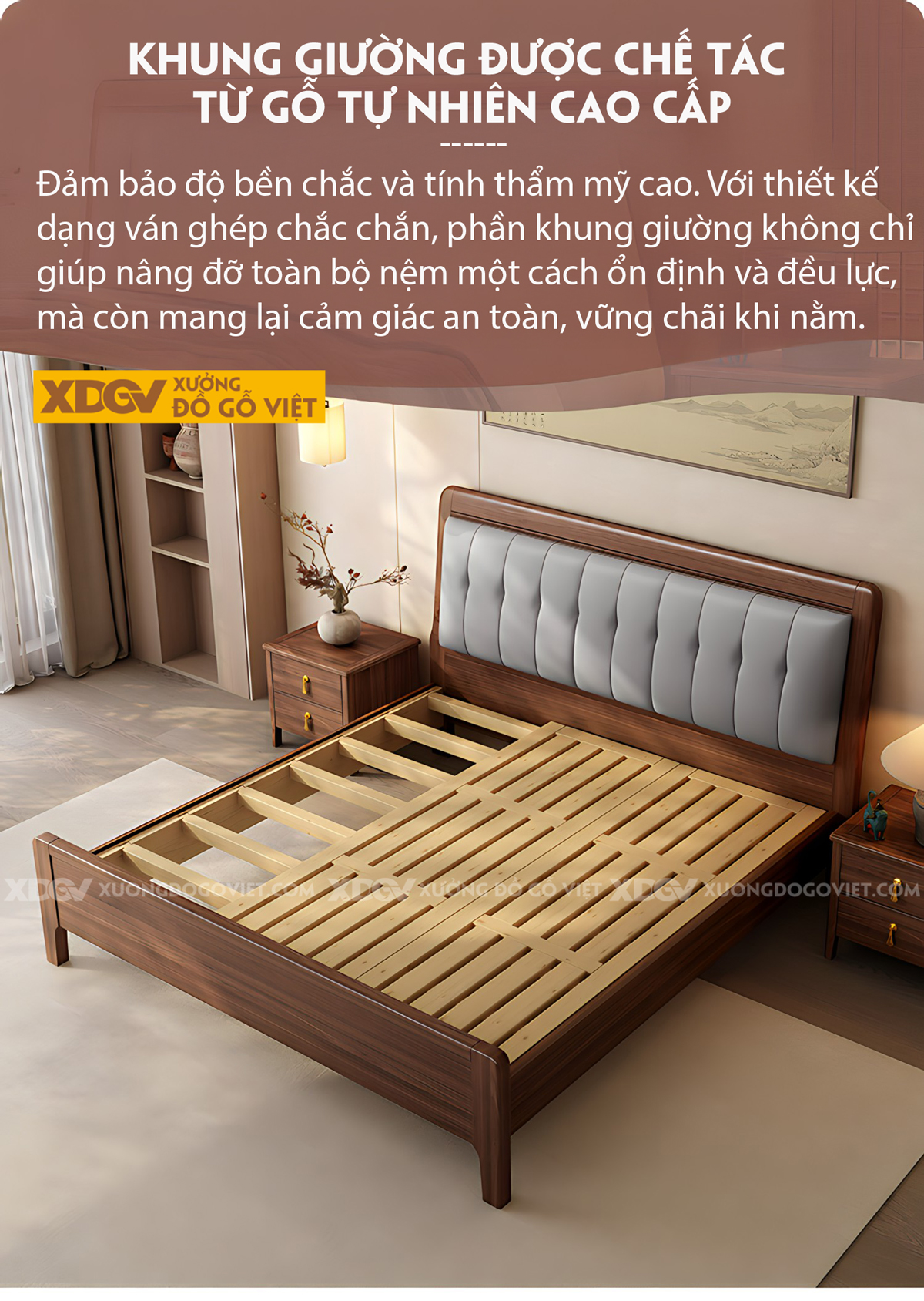 Giường Gỗ Lim Hiện Đại Chân Cao Đầu Ốp Nệm Rút Múi Sọc Dọc