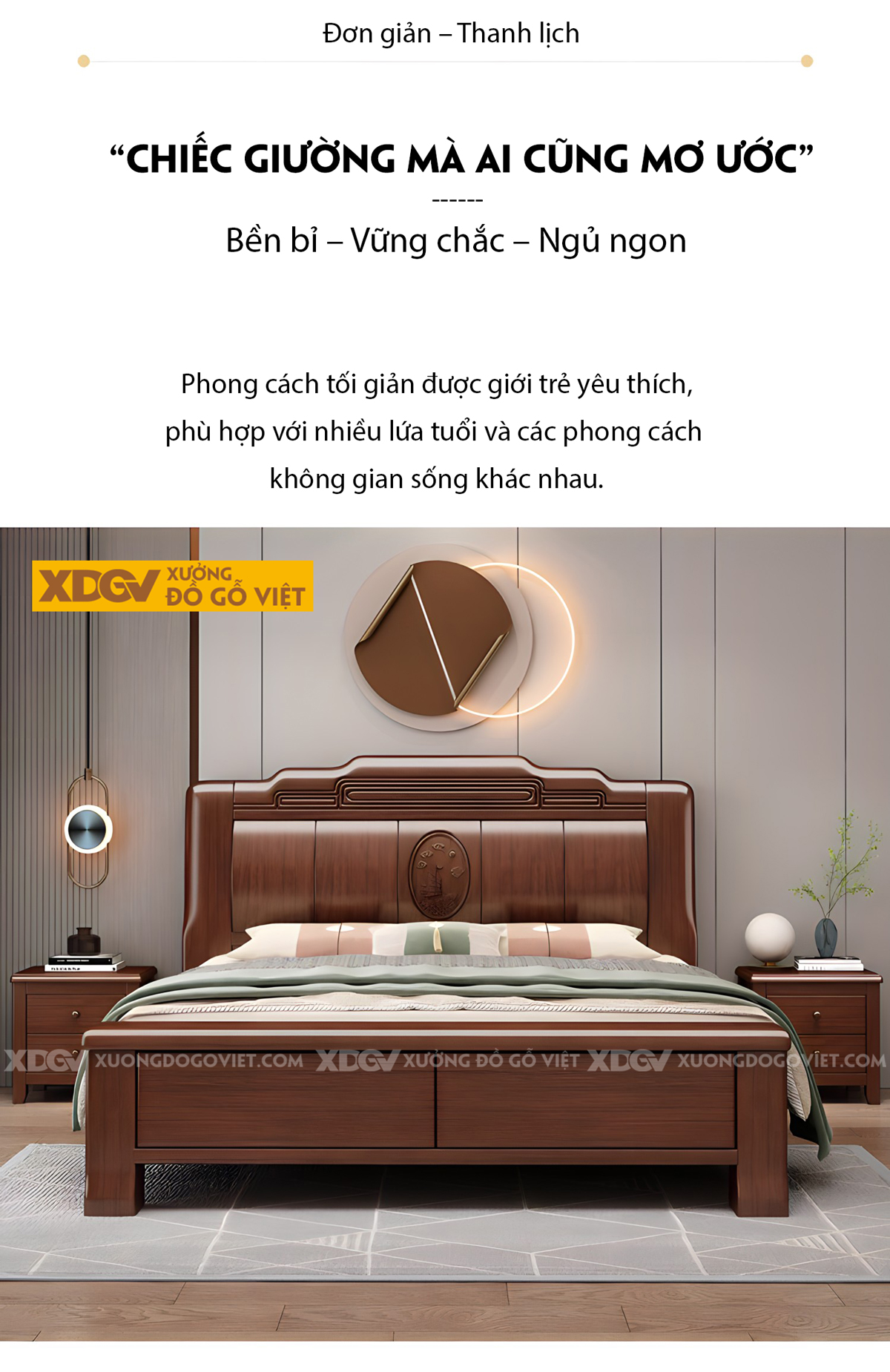 Giường Gỗ Lim Tân Cổ Điển Đầu Uốn Lượn Khung Pano Sọc Dọc