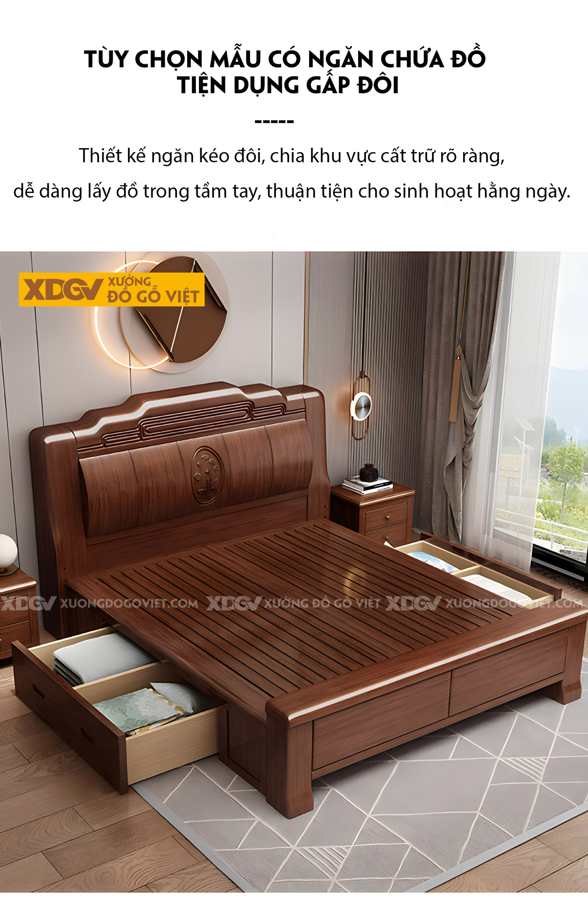 Giường Gỗ Lim Tân Cổ Điển Đầu Uốn Lượn Khung Pano Sọc Dọc