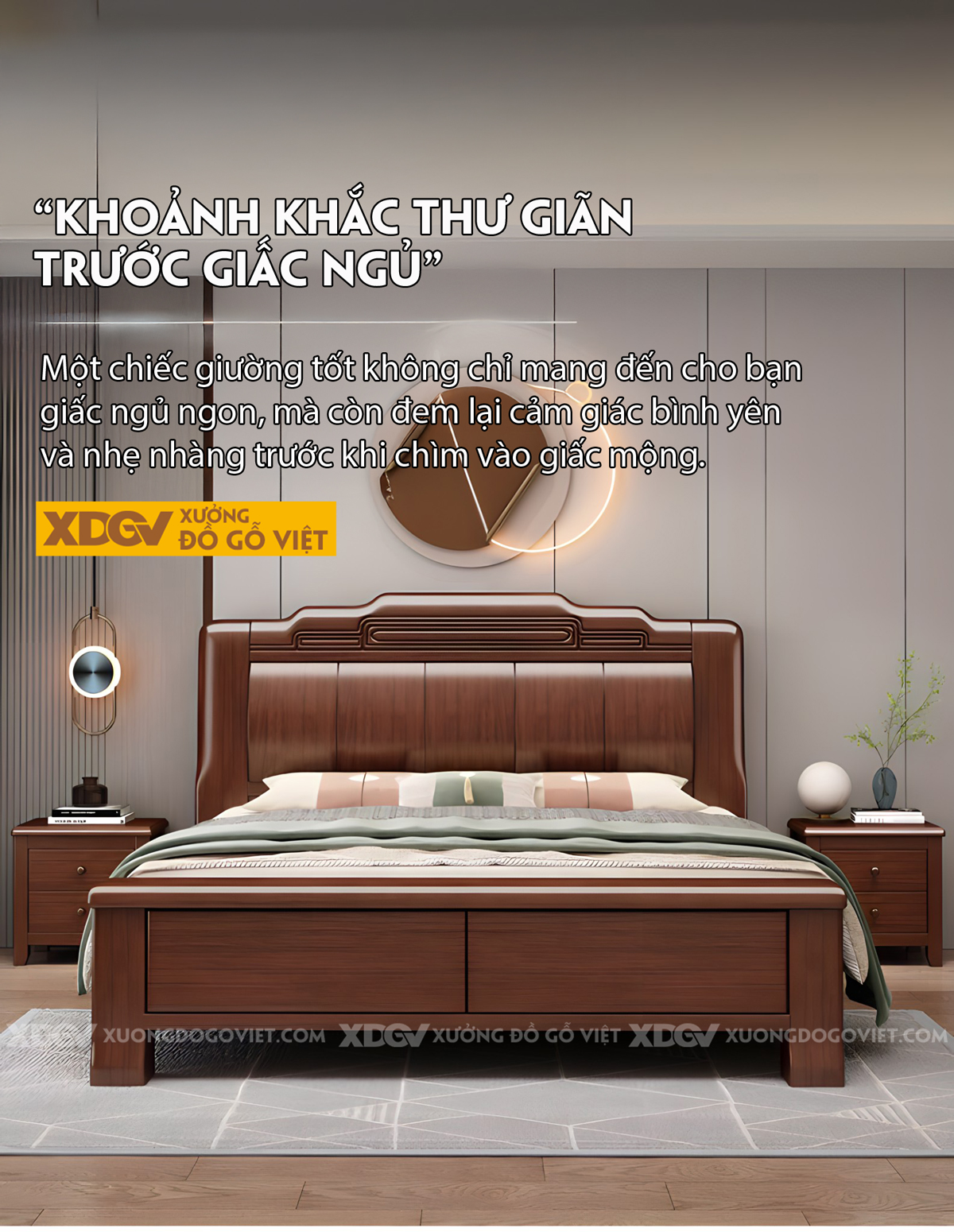 Giường Gỗ Lim Tân Cổ Điển Đầu Uốn Lượn Khung Pano Sọc Dọc