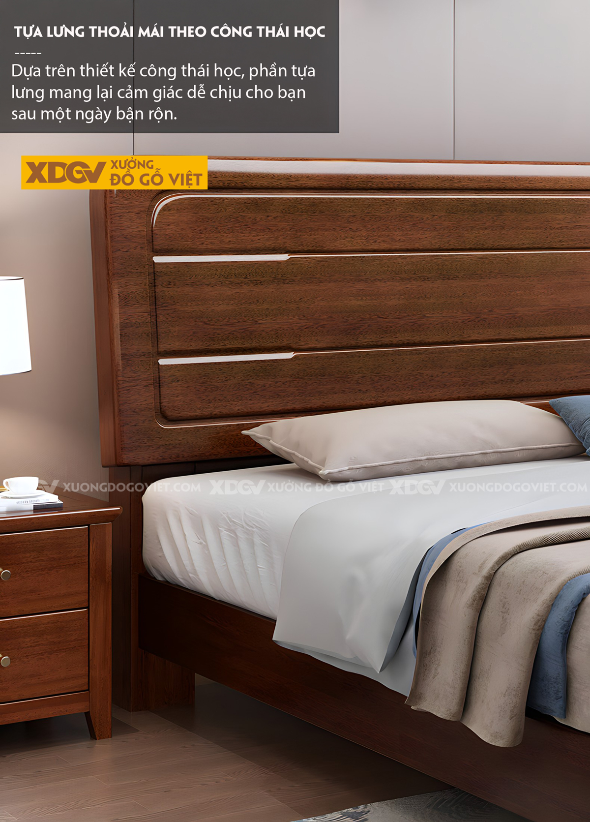 Giường Gỗ Lim Tự Nhiên Bo Góc Đầu Kẻ Chỉ Mỏng Phân Tầng