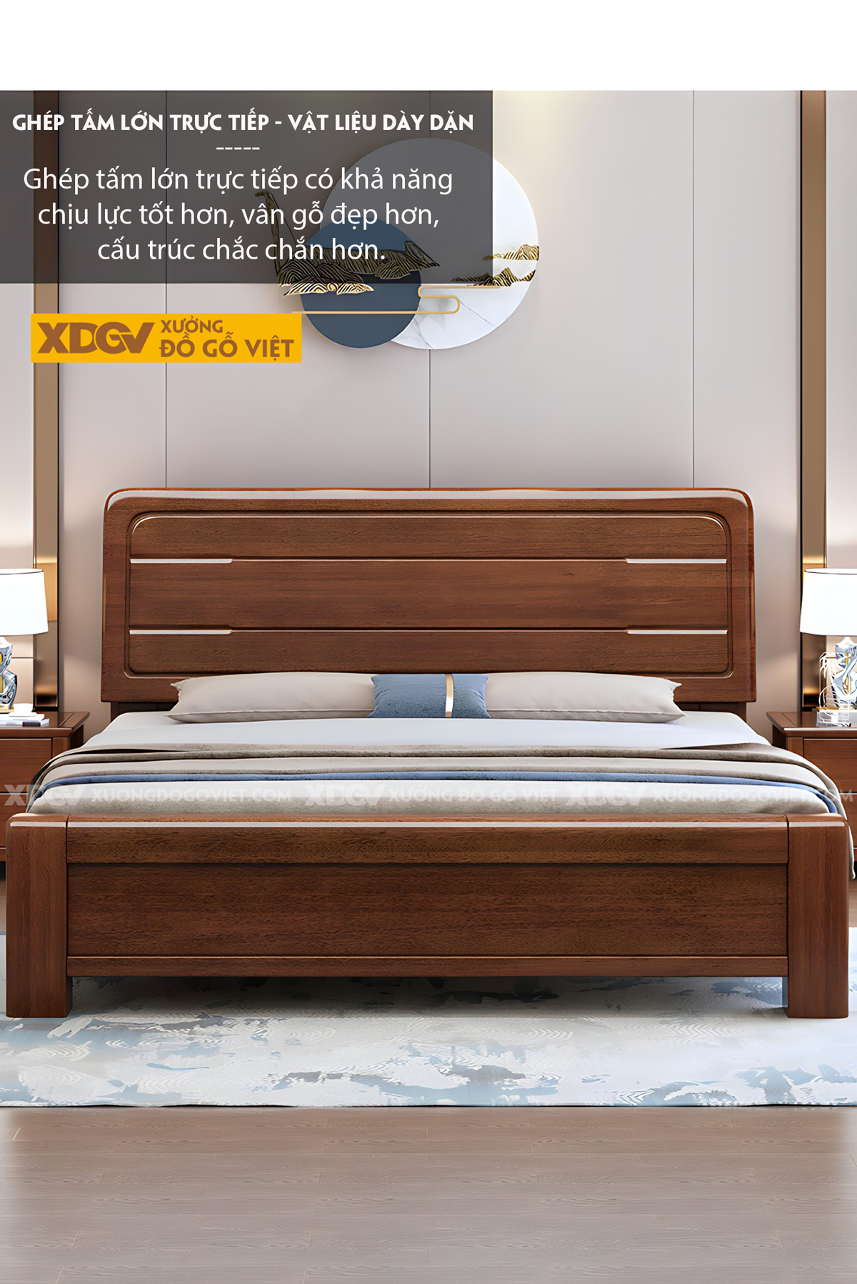 Giường Gỗ Lim Tự Nhiên Bo Góc Đầu Kẻ Chỉ Mỏng Phân Tầng