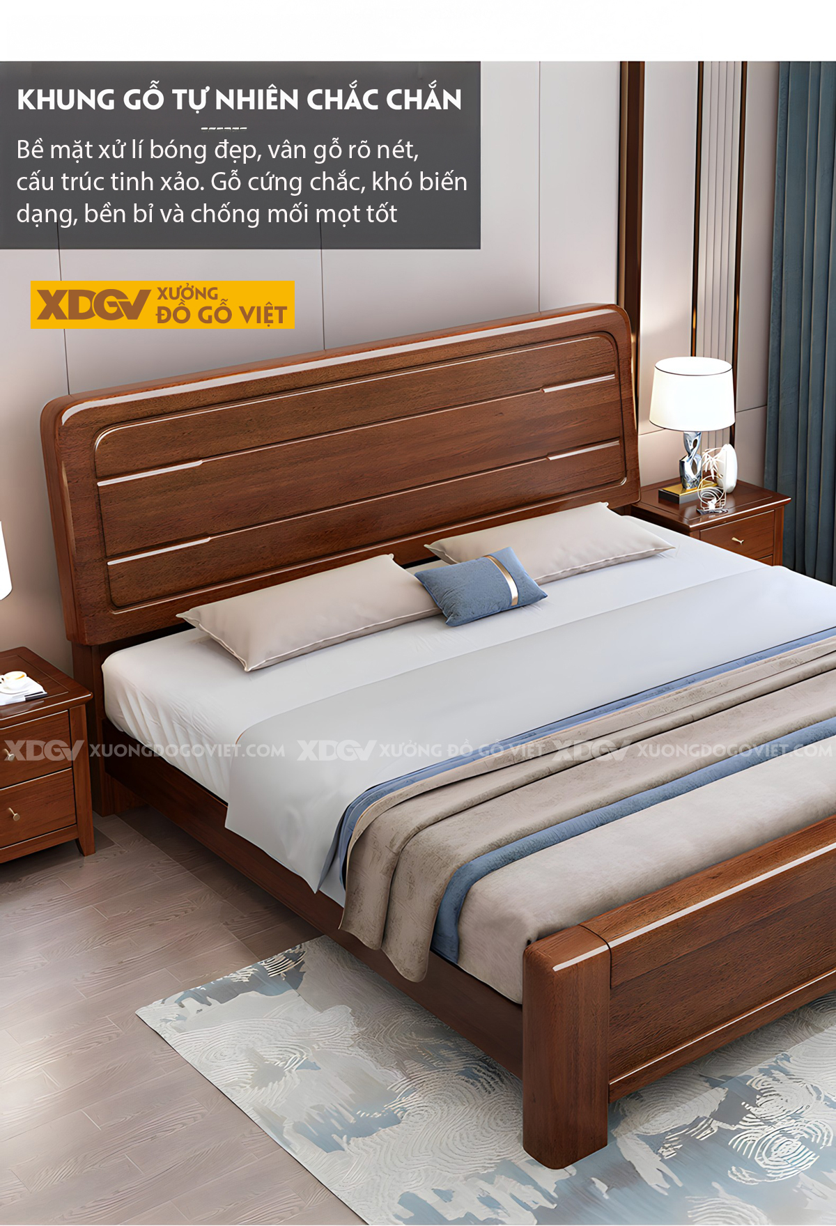 Giường Gỗ Lim Tự Nhiên Bo Góc Đầu Kẻ Chỉ Mỏng Phân Tầng