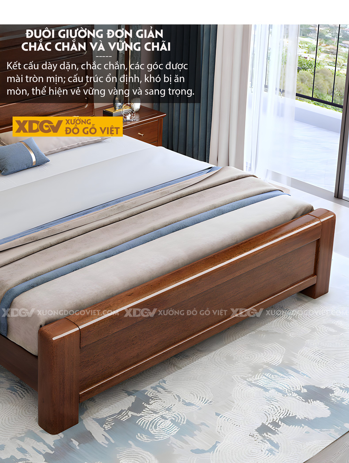 Giường Gỗ Lim Tự Nhiên Bo Góc Đầu Kẻ Chỉ Mỏng Phân Tầng