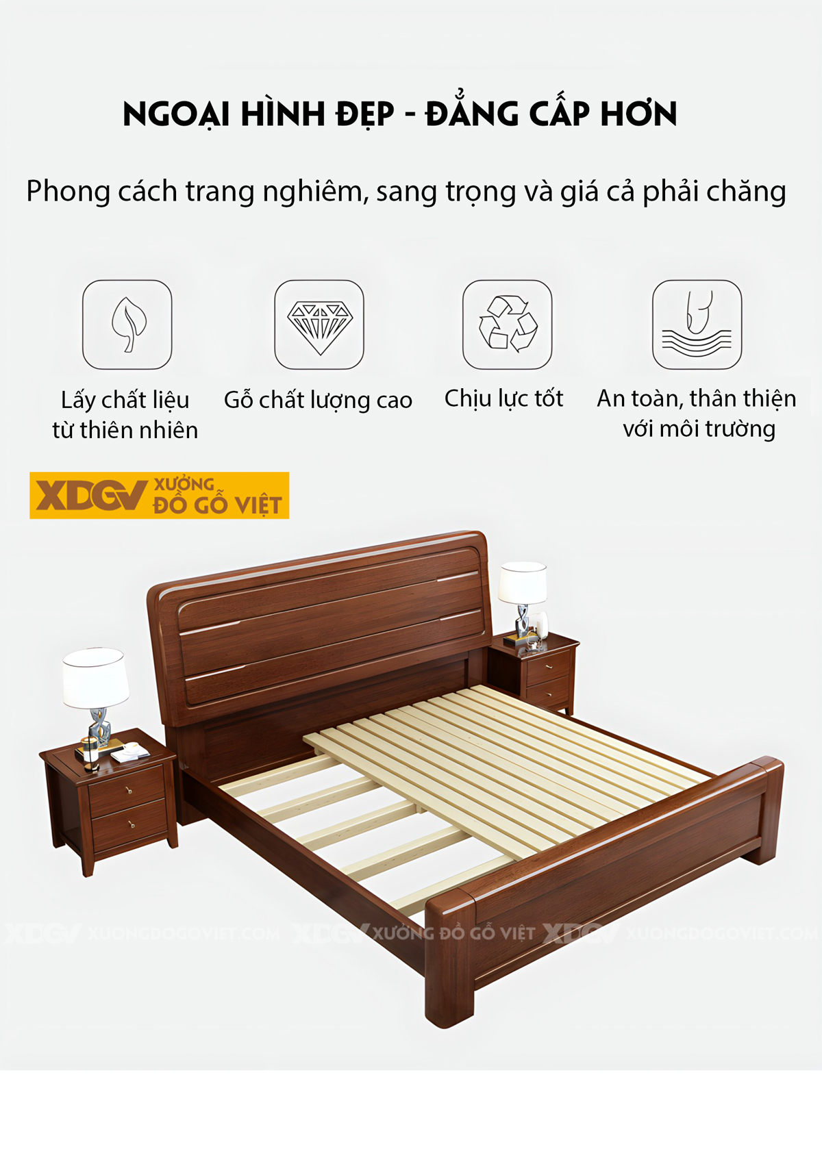 Giường Gỗ Lim Tự Nhiên Bo Góc Đầu Kẻ Chỉ Mỏng Phân Tầng