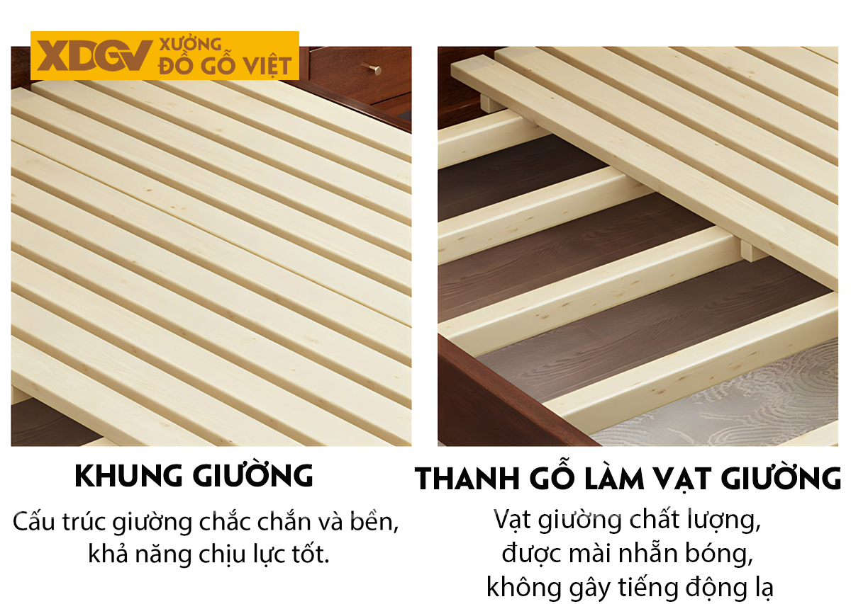 Giường Gỗ Lim Tự Nhiên Bo Góc Đầu Kẻ Chỉ Mỏng Phân Tầng