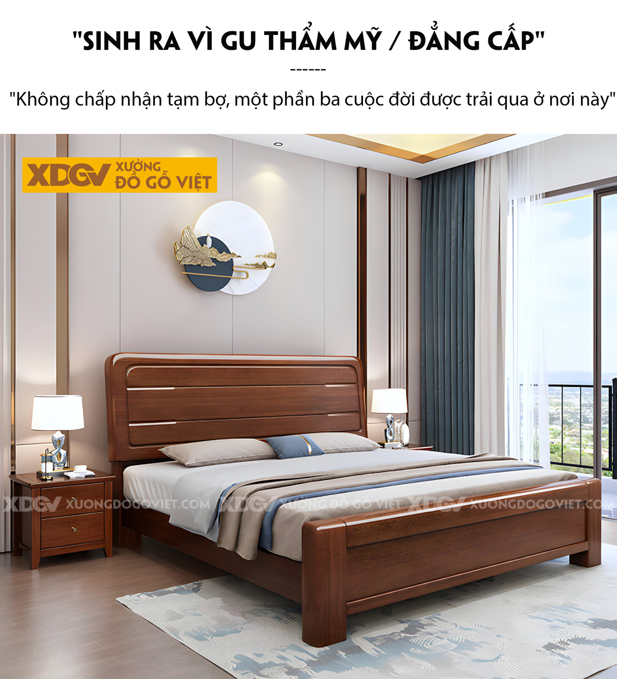 Giường Gỗ Lim Tự Nhiên Bo Góc Đầu Kẻ Chỉ Mỏng Phân Tầng