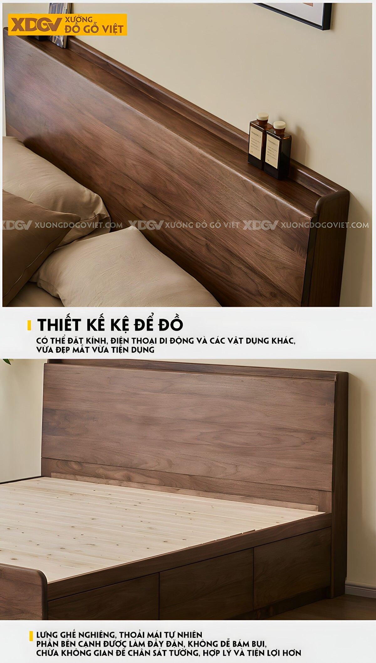 Giường Gỗ Óc Chó Dạng Hộp Có Ngăn Kéo & Kệ Trên Đầu Giường