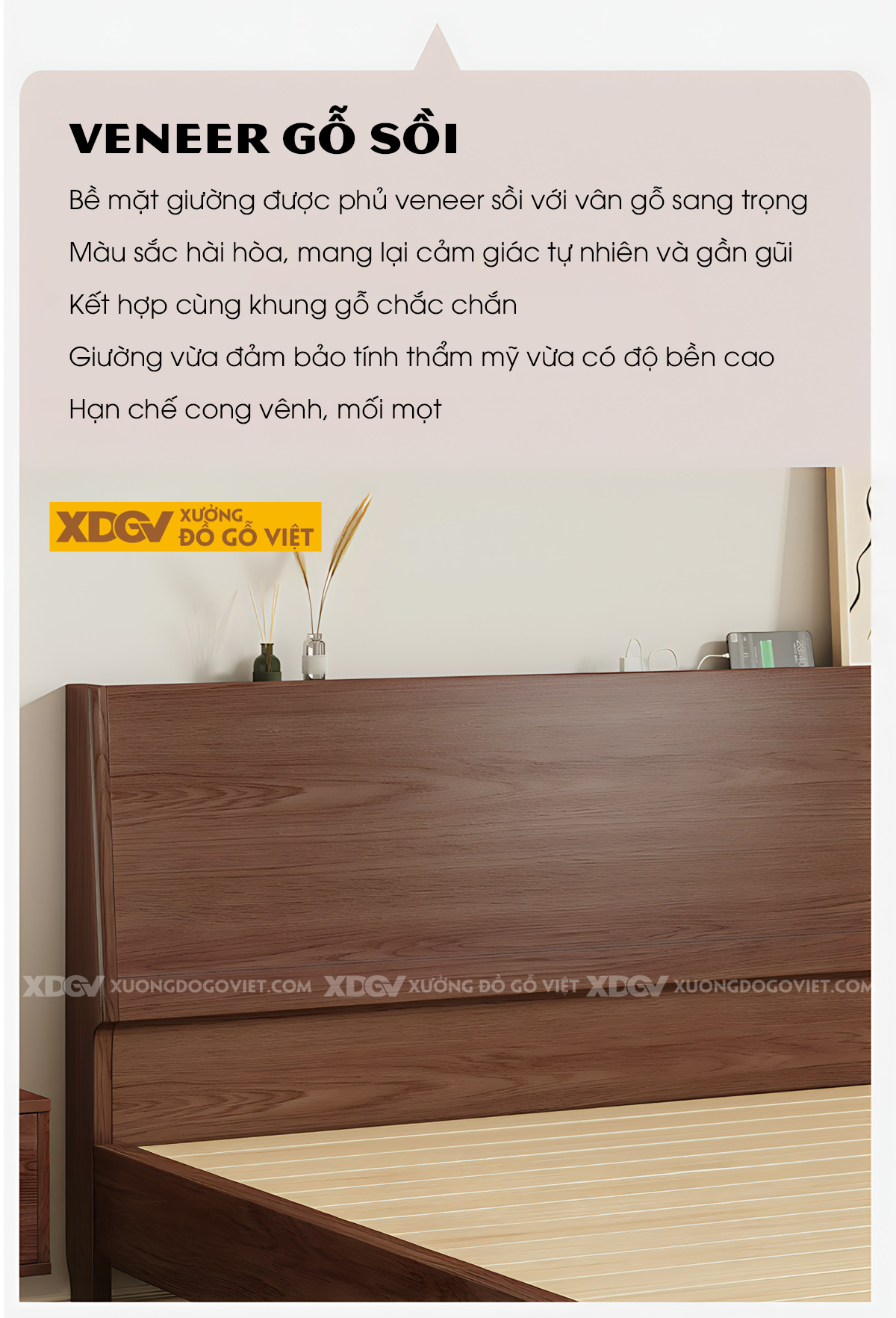 Giường Gỗ Veneer Sồi Japandi Dạng Bệt Có Kệ Sau Đầu Giường