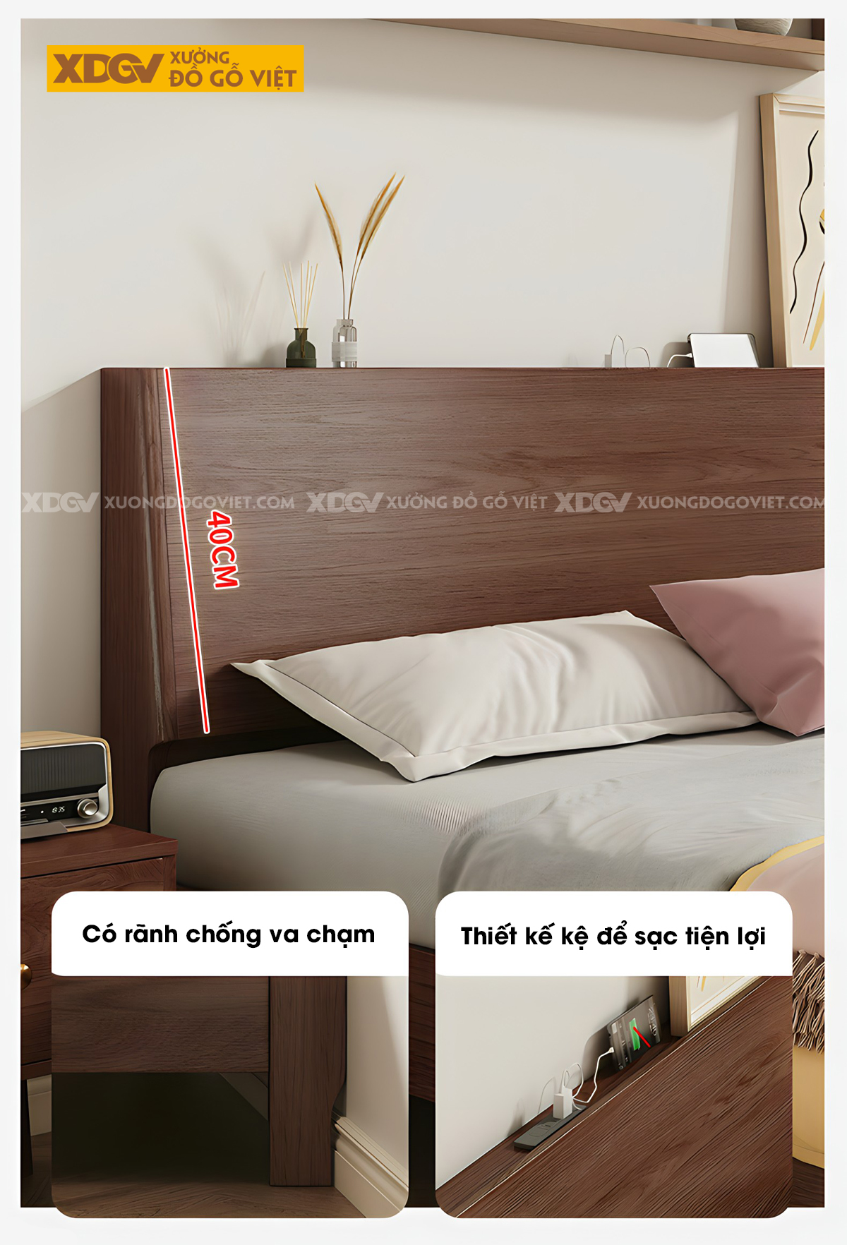 Giường Gỗ Veneer Sồi Japandi Dạng Bệt Có Kệ Sau Đầu Giường