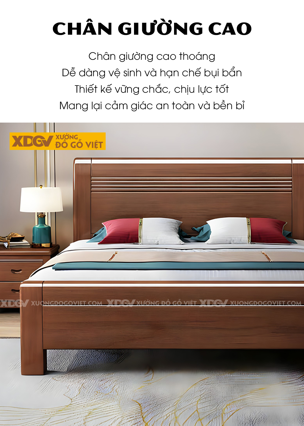 Giường Gỗ Xoan Đào Hiện Đại Chân Trụ Mặt Tấm Kẻ Chỉ Ngang