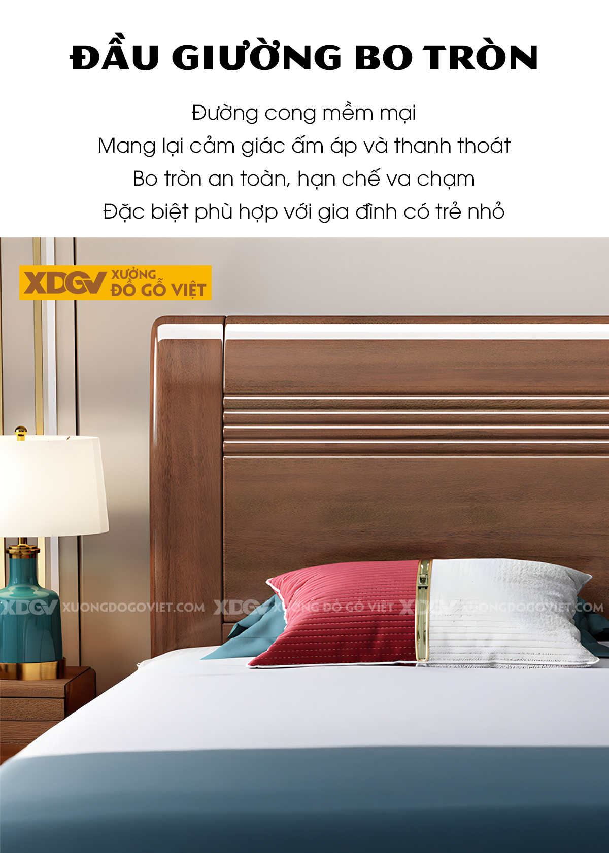 Giường Gỗ Xoan Đào Hiện Đại Chân Trụ Mặt Tấm Kẻ Chỉ Ngang