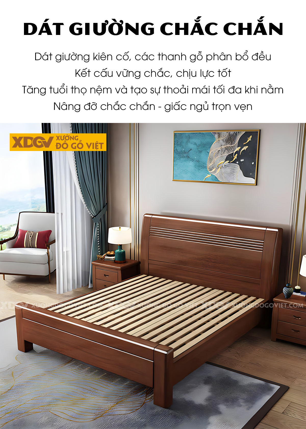 Giường Gỗ Xoan Đào Hiện Đại Chân Trụ Mặt Tấm Kẻ Chỉ Ngang