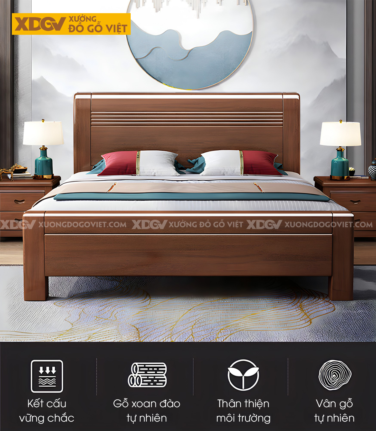 Giường Gỗ Xoan Đào Hiện Đại Chân Trụ Mặt Tấm Kẻ Chỉ Ngang