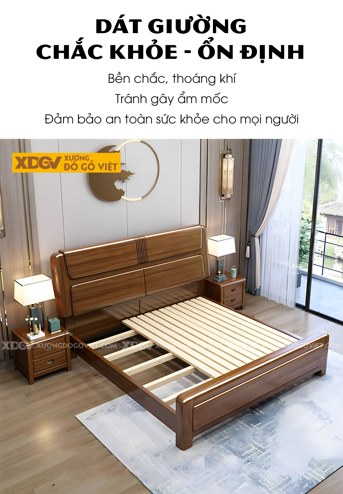 Giường Gỗ Xoan Đào Tự Nhiên Đầu Ghép Tấm Nổi Kẻ Chỉ Dọc