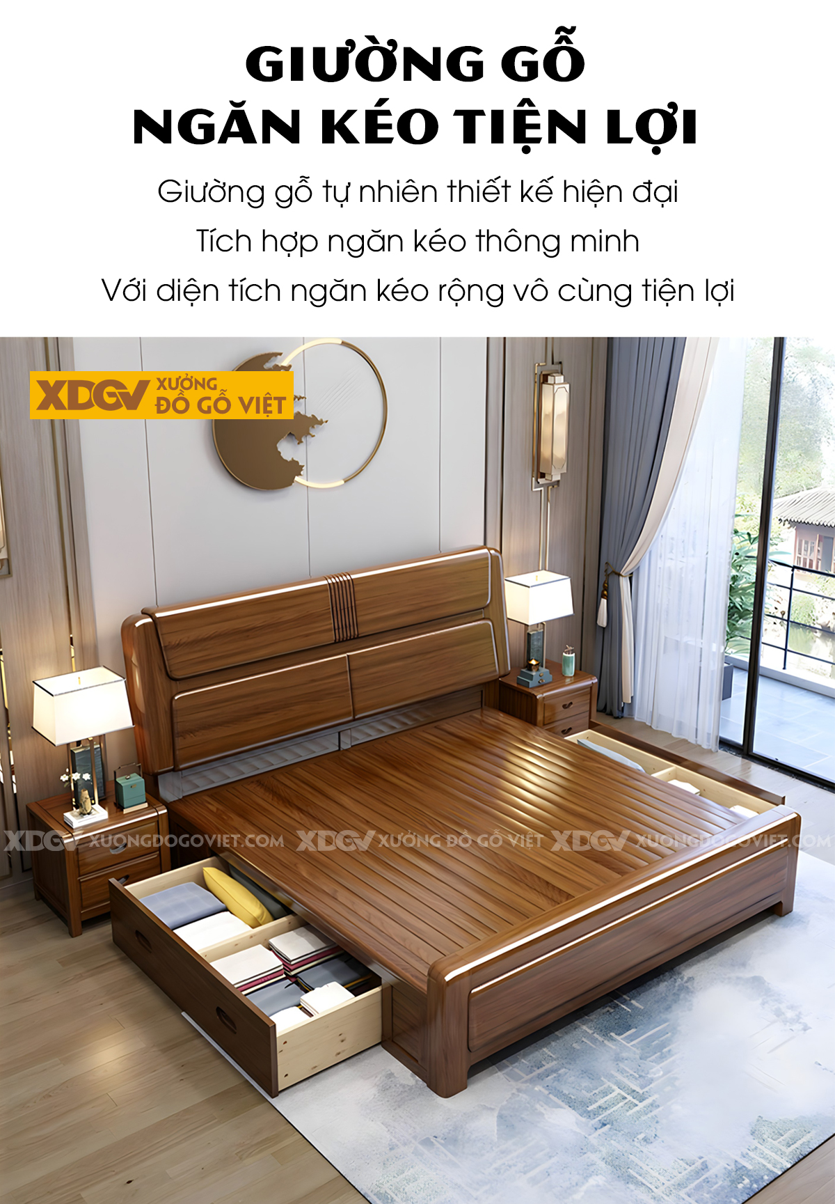 Giường Gỗ Xoan Đào Tự Nhiên Đầu Ghép Tấm Nổi Kẻ Chỉ Dọc