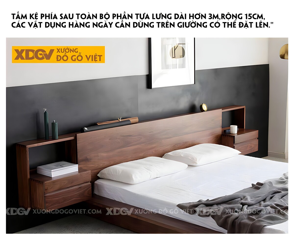 Giường Ngủ Bệt Gỗ Óc Chó Japandi Tích Hợp Tủ Đựng 2 Bên