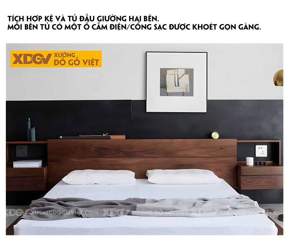 Giường Ngủ Bệt Gỗ Óc Chó Japandi Tích Hợp Tủ Đựng 2 Bên