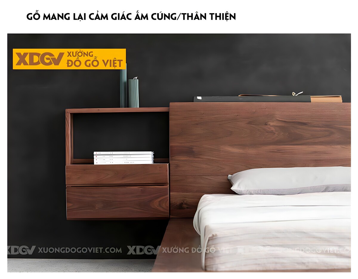 Giường Ngủ Bệt Gỗ Óc Chó Japandi Tích Hợp Tủ Đựng 2 Bên
