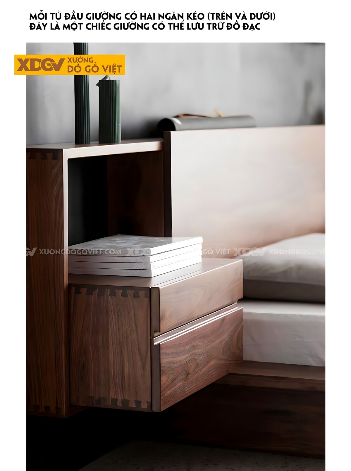 Giường Ngủ Bệt Gỗ Óc Chó Japandi Tích Hợp Tủ Đựng 2 Bên