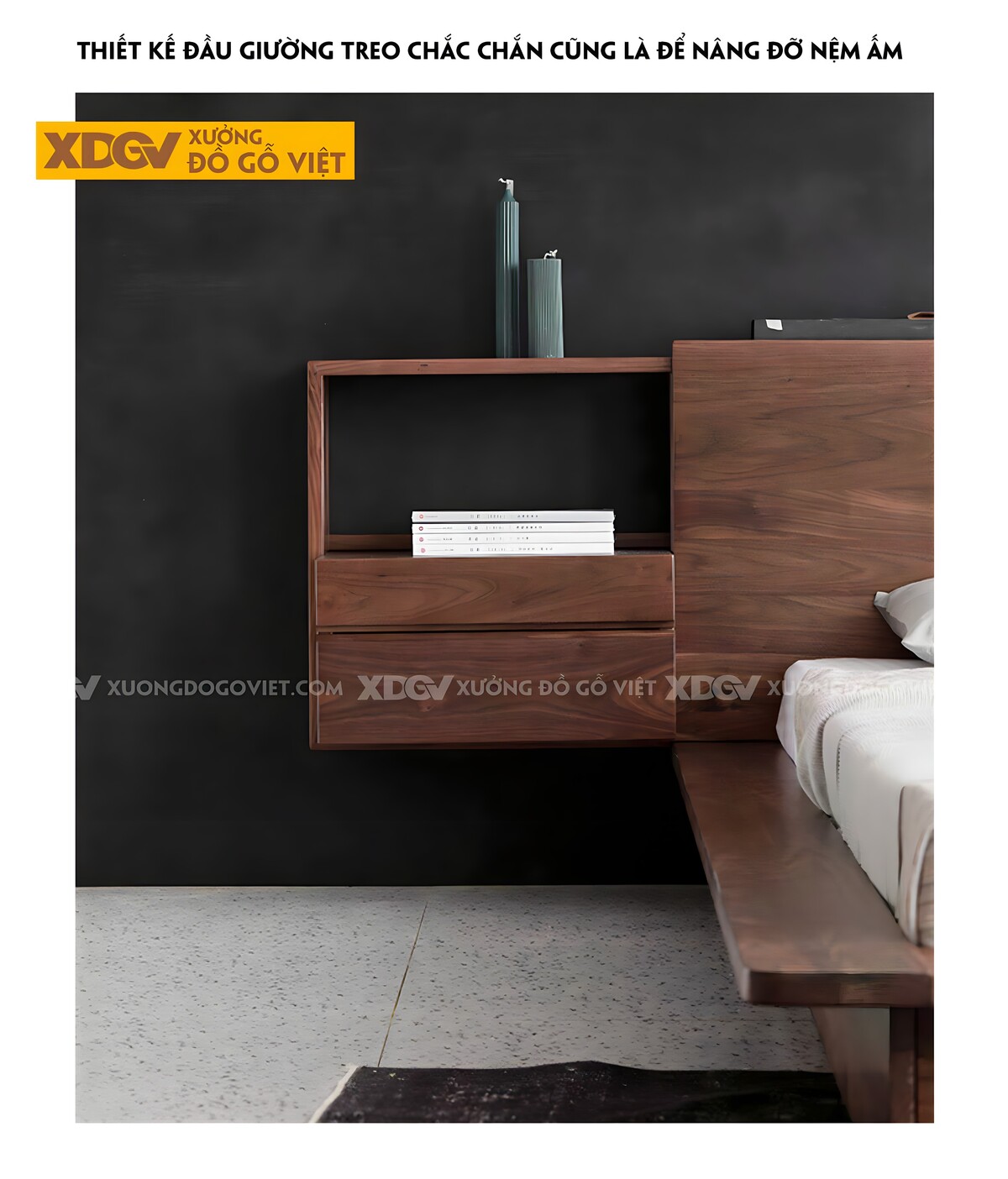 Giường Ngủ Bệt Gỗ Óc Chó Japandi Tích Hợp Tủ Đựng 2 Bên