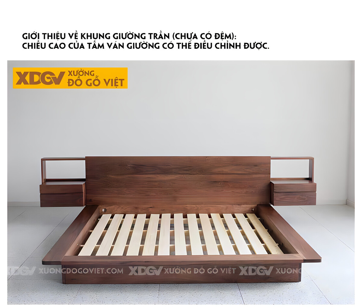 Giường Ngủ Bệt Gỗ Óc Chó Japandi Tích Hợp Tủ Đựng 2 Bên