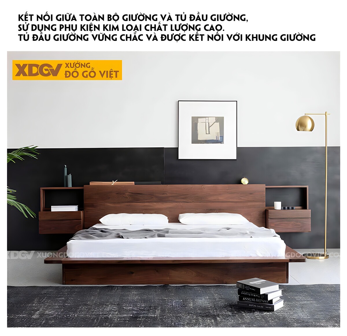 Giường Ngủ Bệt Gỗ Óc Chó Japandi Tích Hợp Tủ Đựng 2 Bên