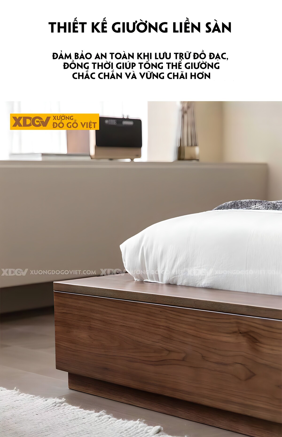 Giường Ngủ Bệt Gỗ Óc Chó Kiểu Nhật Đầu Rộng Có Kệ Đựng Đồ