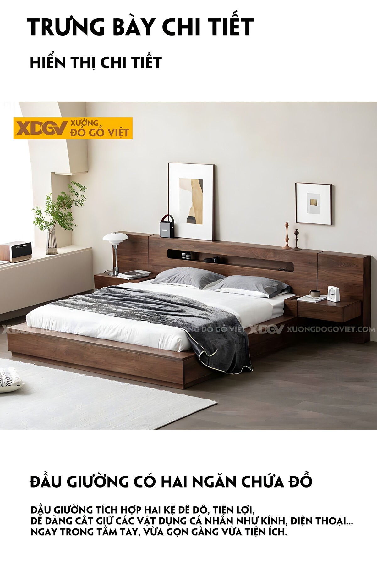 Giường Ngủ Bệt Gỗ Óc Chó Kiểu Nhật Đầu Rộng Có Kệ Đựng Đồ