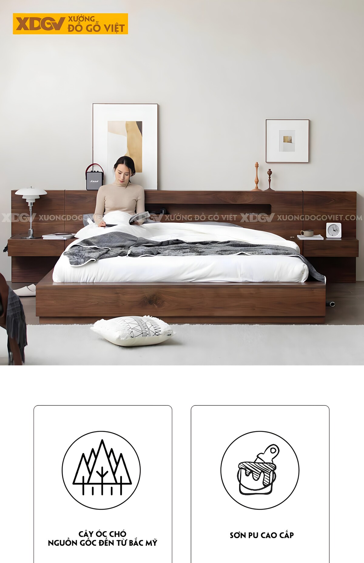 Giường Ngủ Bệt Gỗ Óc Chó Kiểu Nhật Đầu Rộng Có Kệ Đựng Đồ