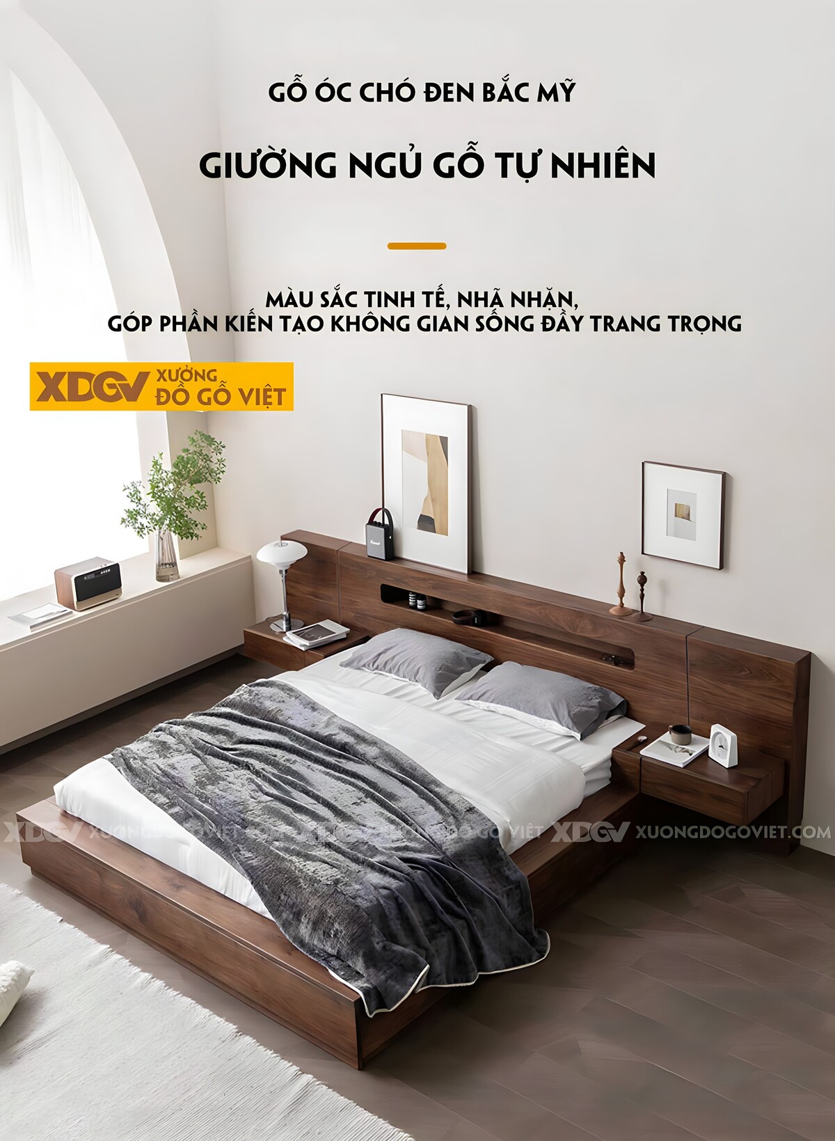 Giường Ngủ Bệt Gỗ Óc Chó Kiểu Nhật Đầu Rộng Có Kệ Đựng Đồ