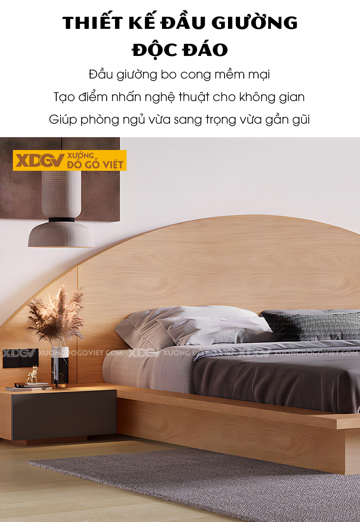 Giường Ngủ Bệt Gỗ Veneer Sồi Đầu Mái Vòm Kết Hợp Kệ 2 Bên