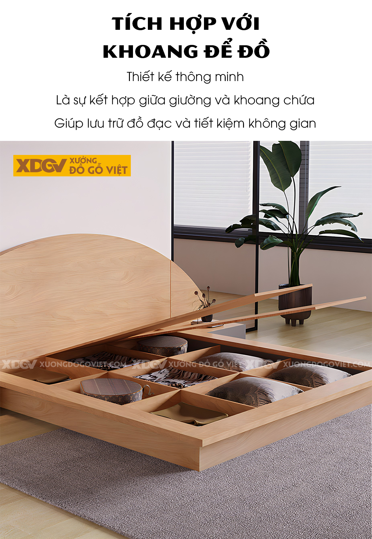 Giường Ngủ Bệt Gỗ Veneer Sồi Đầu Mái Vòm Kết Hợp Kệ 2 Bên