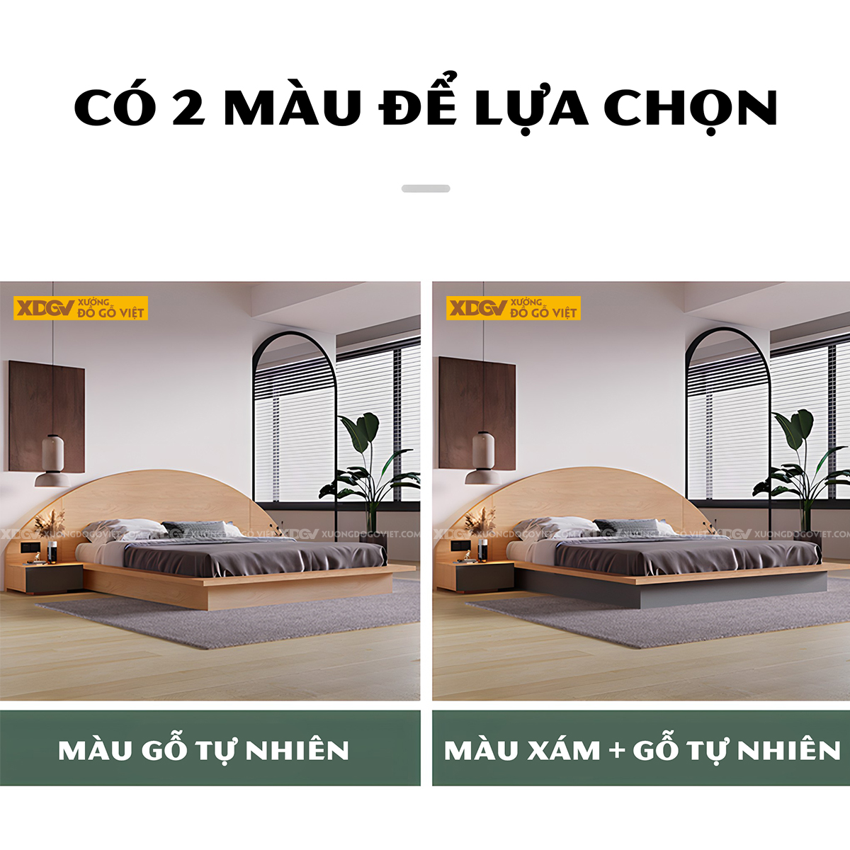 Giường Ngủ Bệt Gỗ Veneer Sồi Đầu Mái Vòm Kết Hợp Kệ 2 Bên