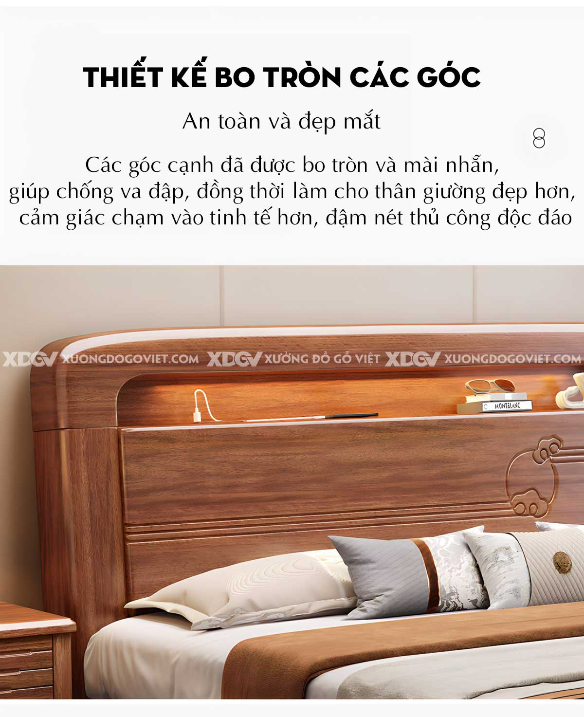 Giường Ngủ Căm Xe Gỗ Dày Dặn Đầu Bo Tròn Kẻ Chỉ Có Kệ Led