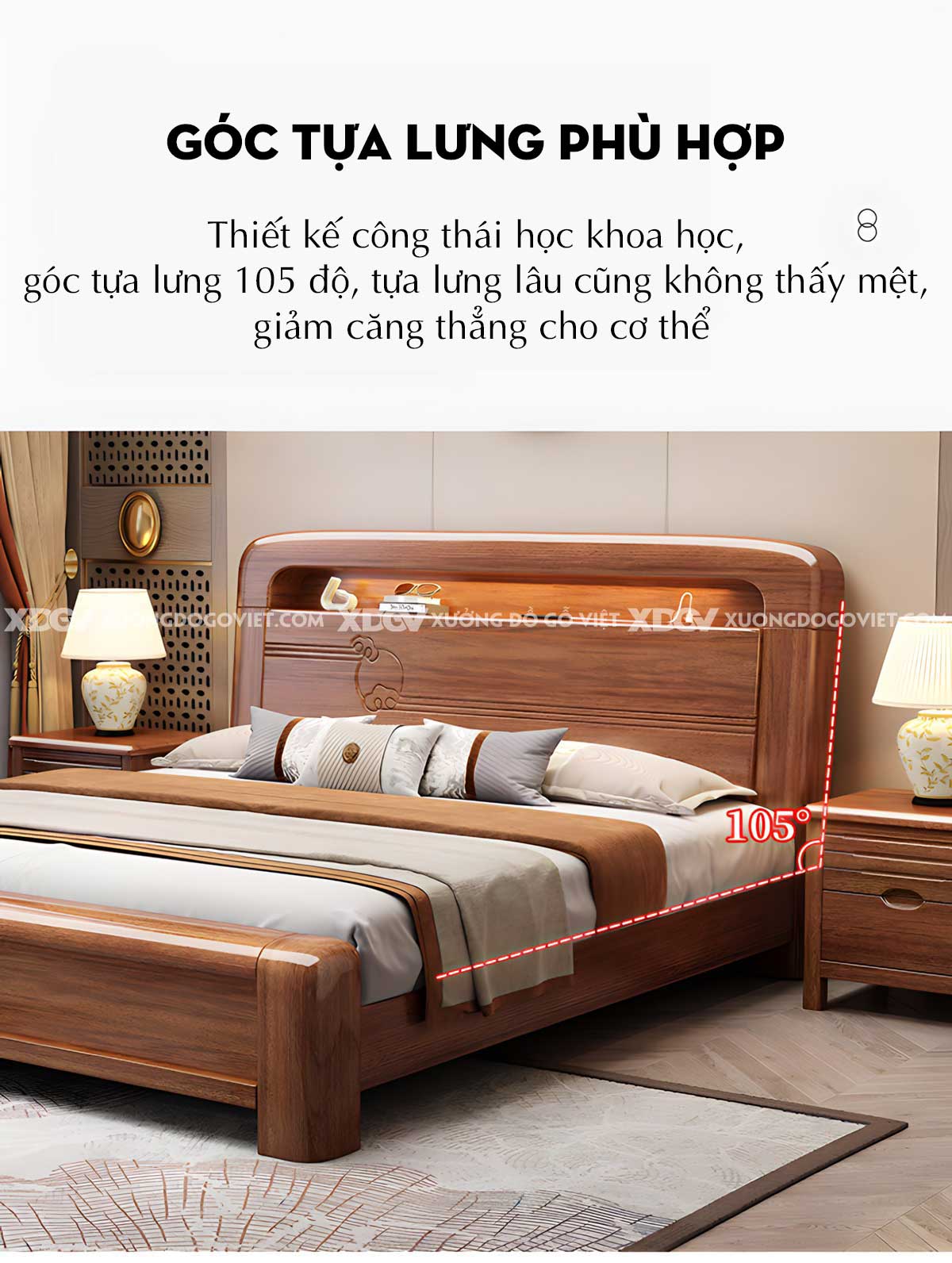 Giường Ngủ Căm Xe Gỗ Dày Dặn Đầu Bo Tròn Kẻ Chỉ Có Kệ Led