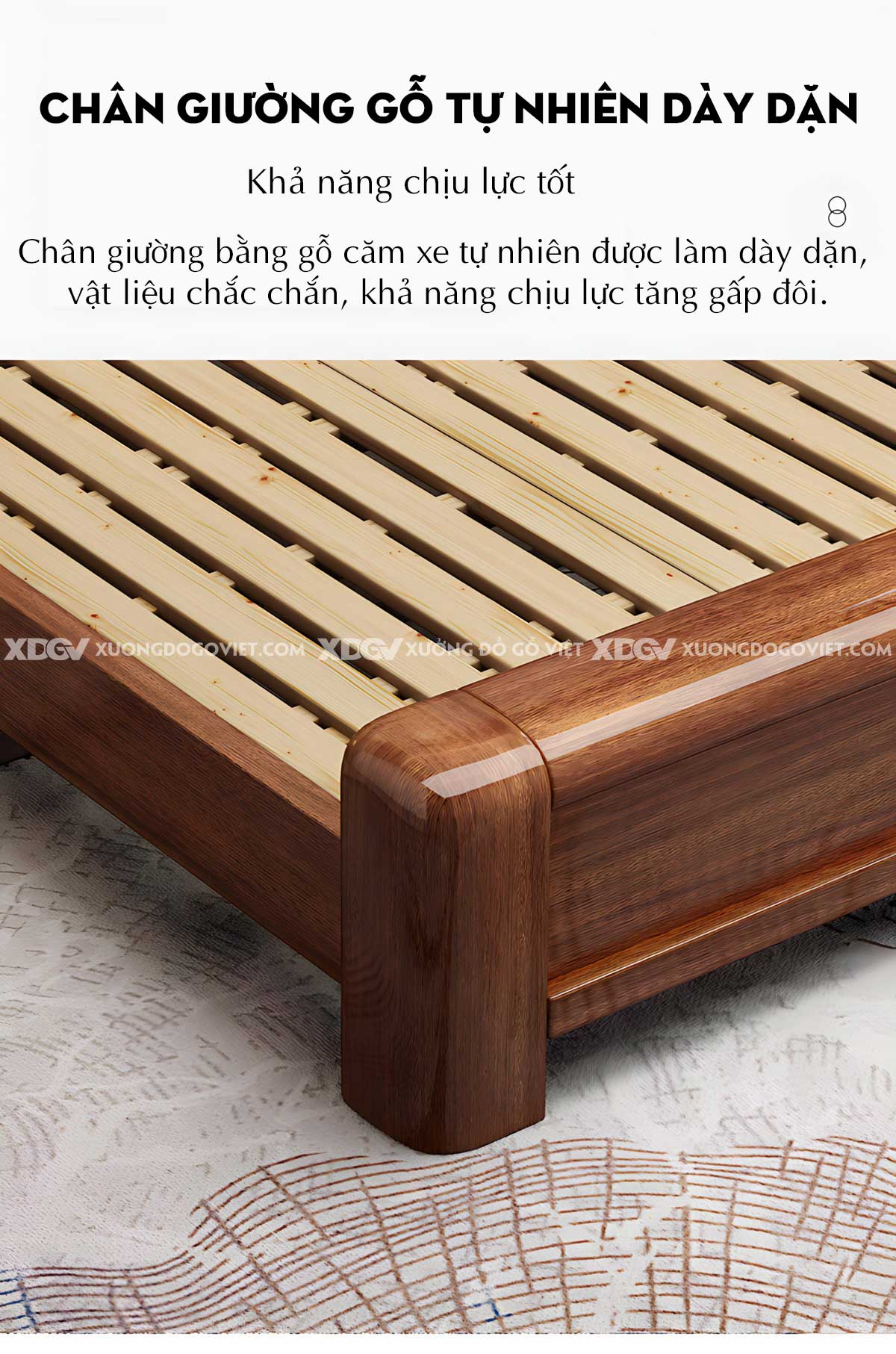 Giường Ngủ Căm Xe Gỗ Dày Dặn Đầu Bo Tròn Kẻ Chỉ Có Kệ Led