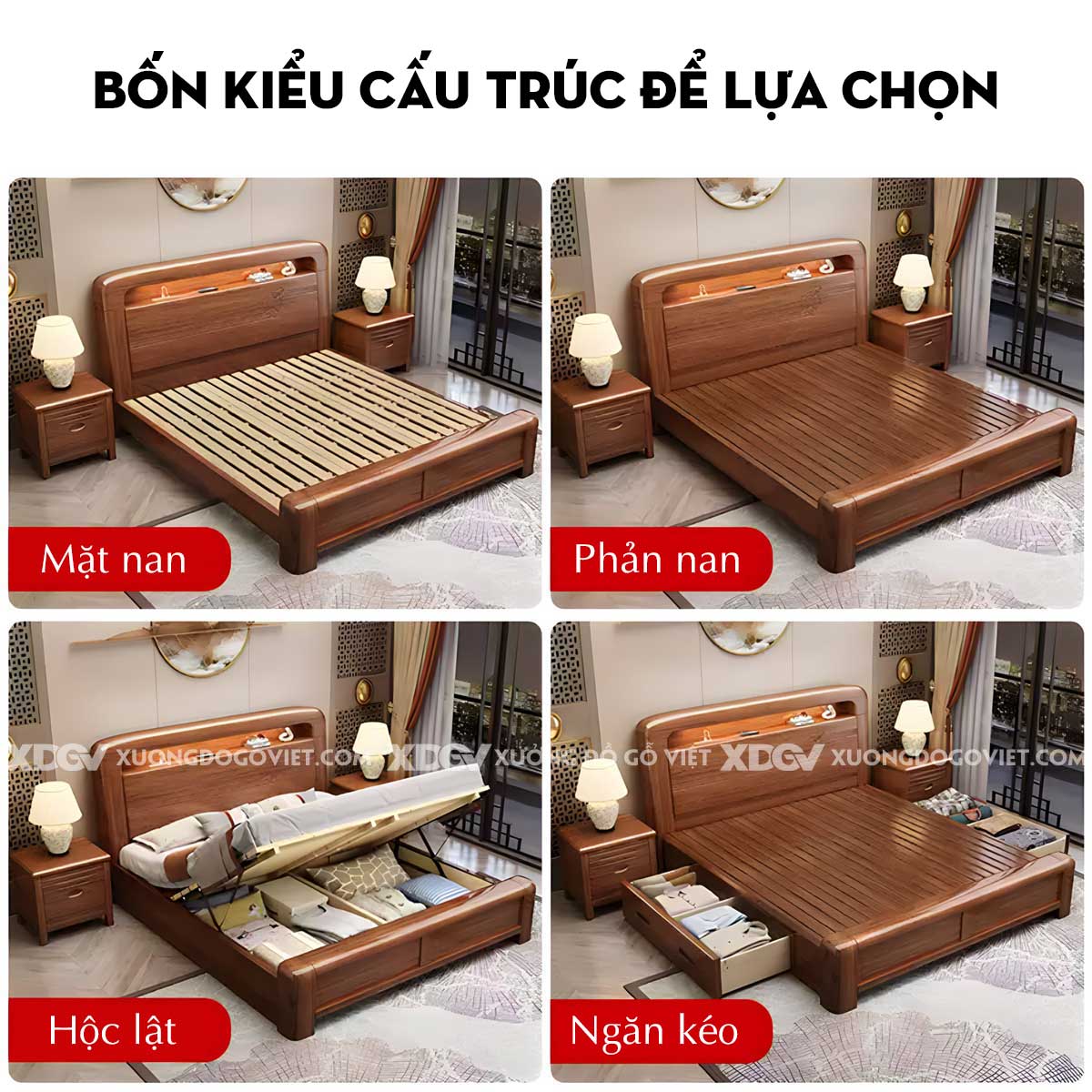 Giường Ngủ Căm Xe Gỗ Dày Dặn Đầu Bo Tròn Kẻ Chỉ Có Kệ Led