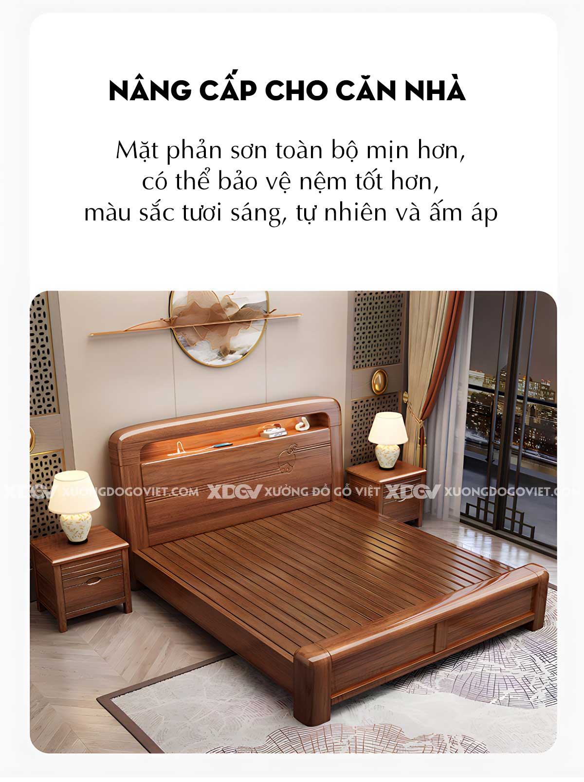 Giường Ngủ Căm Xe Gỗ Dày Dặn Đầu Bo Tròn Kẻ Chỉ Có Kệ Led