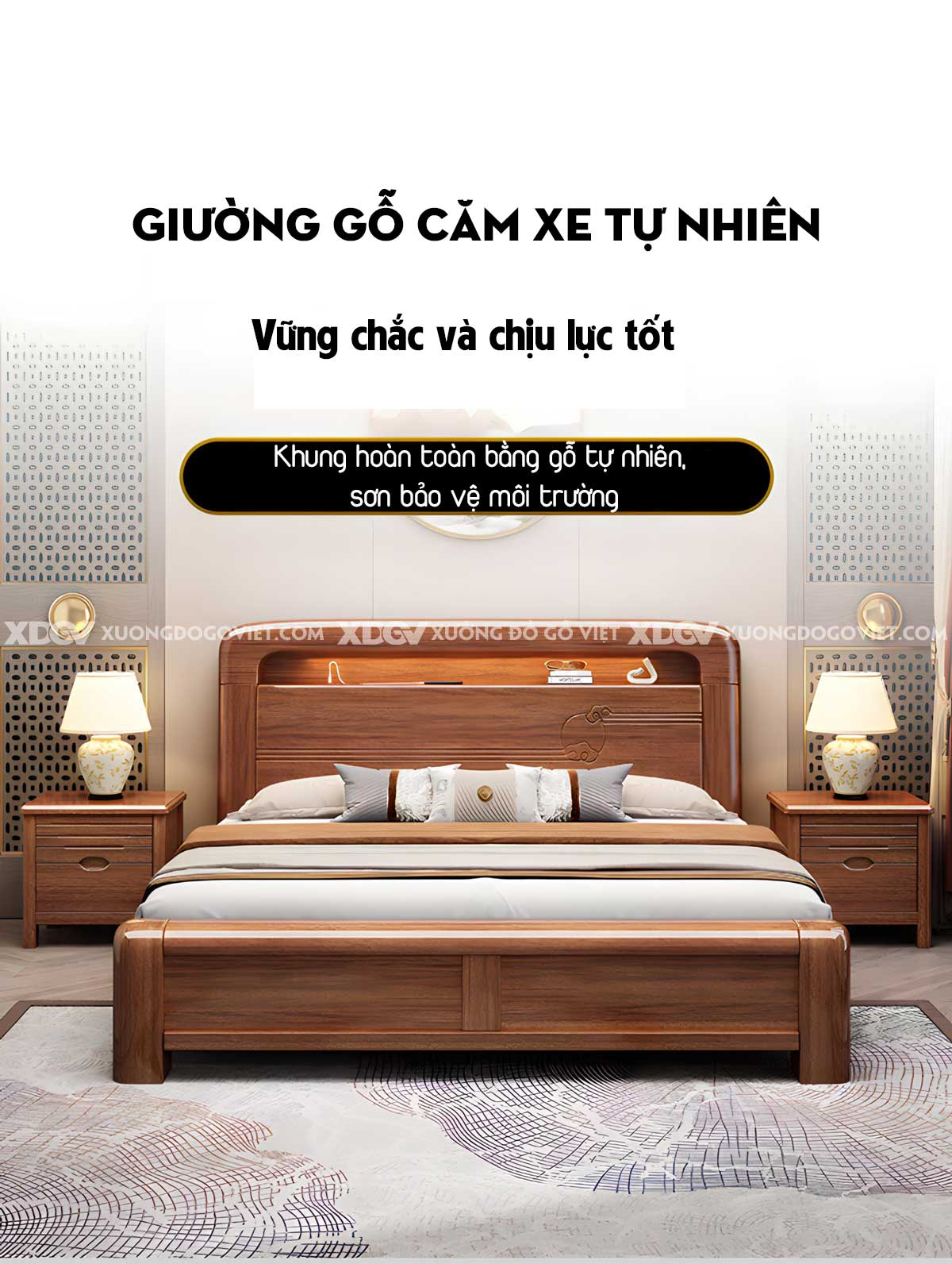 Giường Ngủ Căm Xe Gỗ Dày Dặn Đầu Bo Tròn Kẻ Chỉ Có Kệ Led