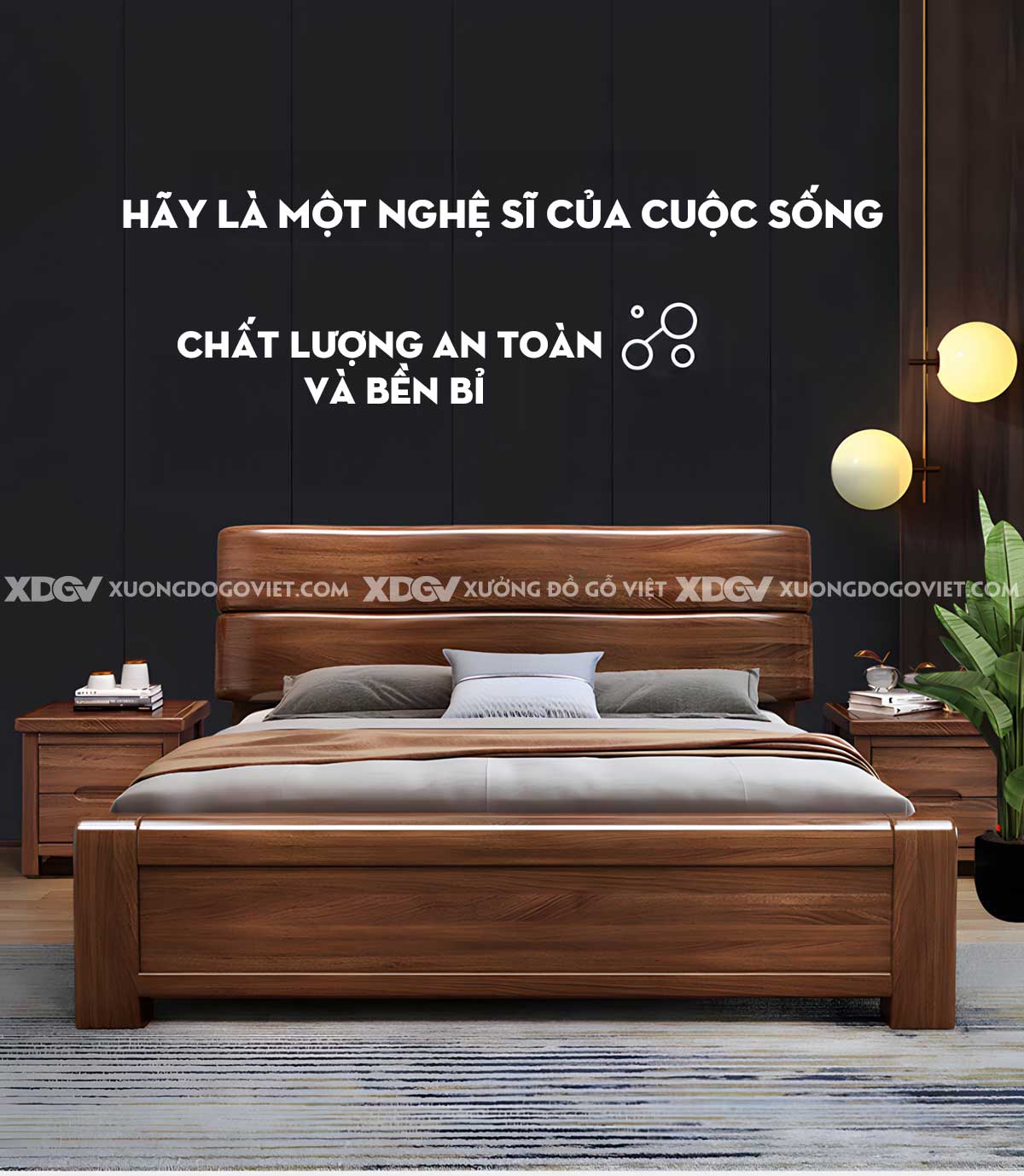 Giường Ngủ Căm Xe Hiện Đại Đầu 2 Tấm Gỗ Nguyên Khối Bo Tròn
