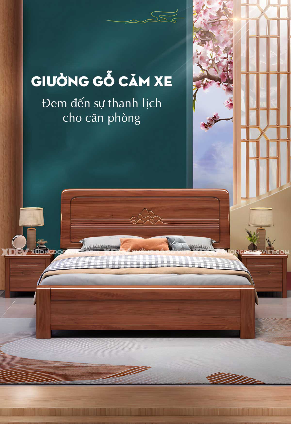 Giường Ngủ Căm Xe Thịt Hiện Đại Bo Góc Đầu Họa Tiết Núi Non