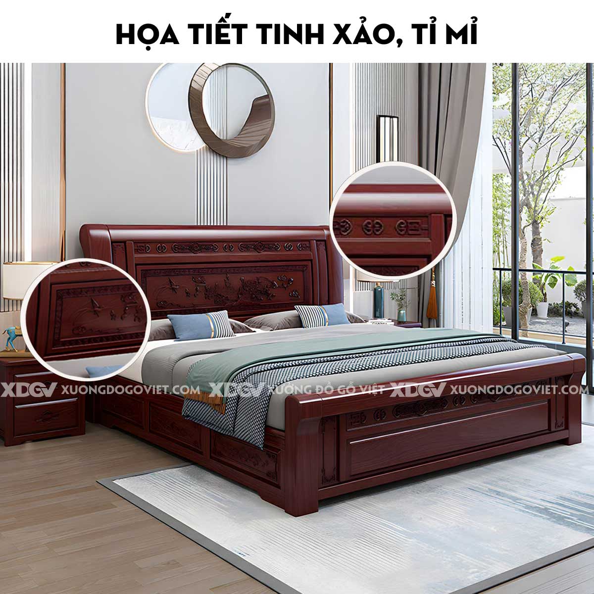 Giường Ngủ Gỗ Căm Xe Á Đông Họa Tiết Tùng Hạc Diên Niên