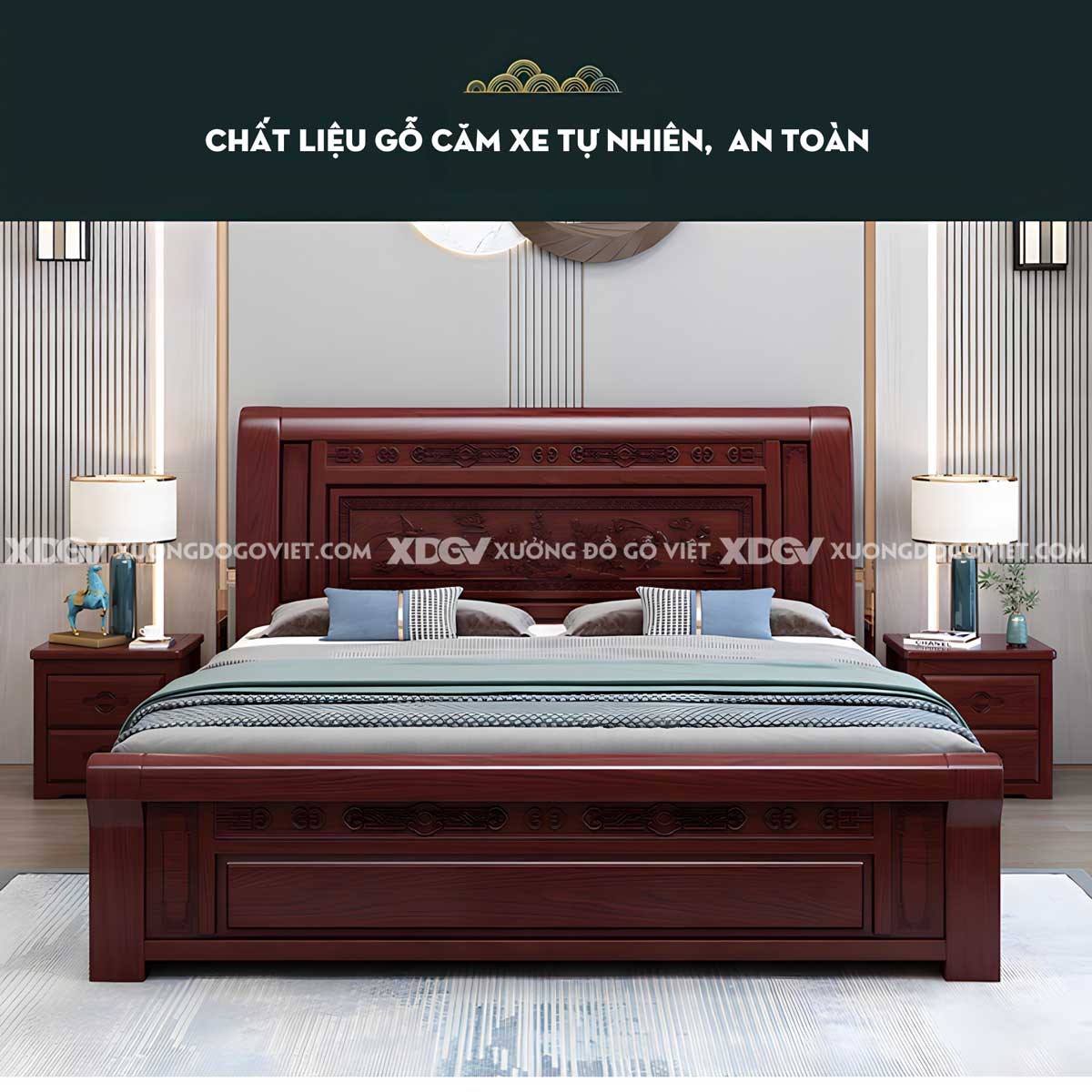 Giường Ngủ Gỗ Căm Xe Á Đông Họa Tiết Tùng Hạc Diên Niên