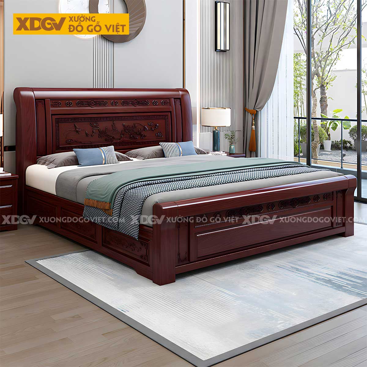 Giường Ngủ Gỗ Căm Xe Á Đông Họa Tiết Tùng Hạc Diên Niên