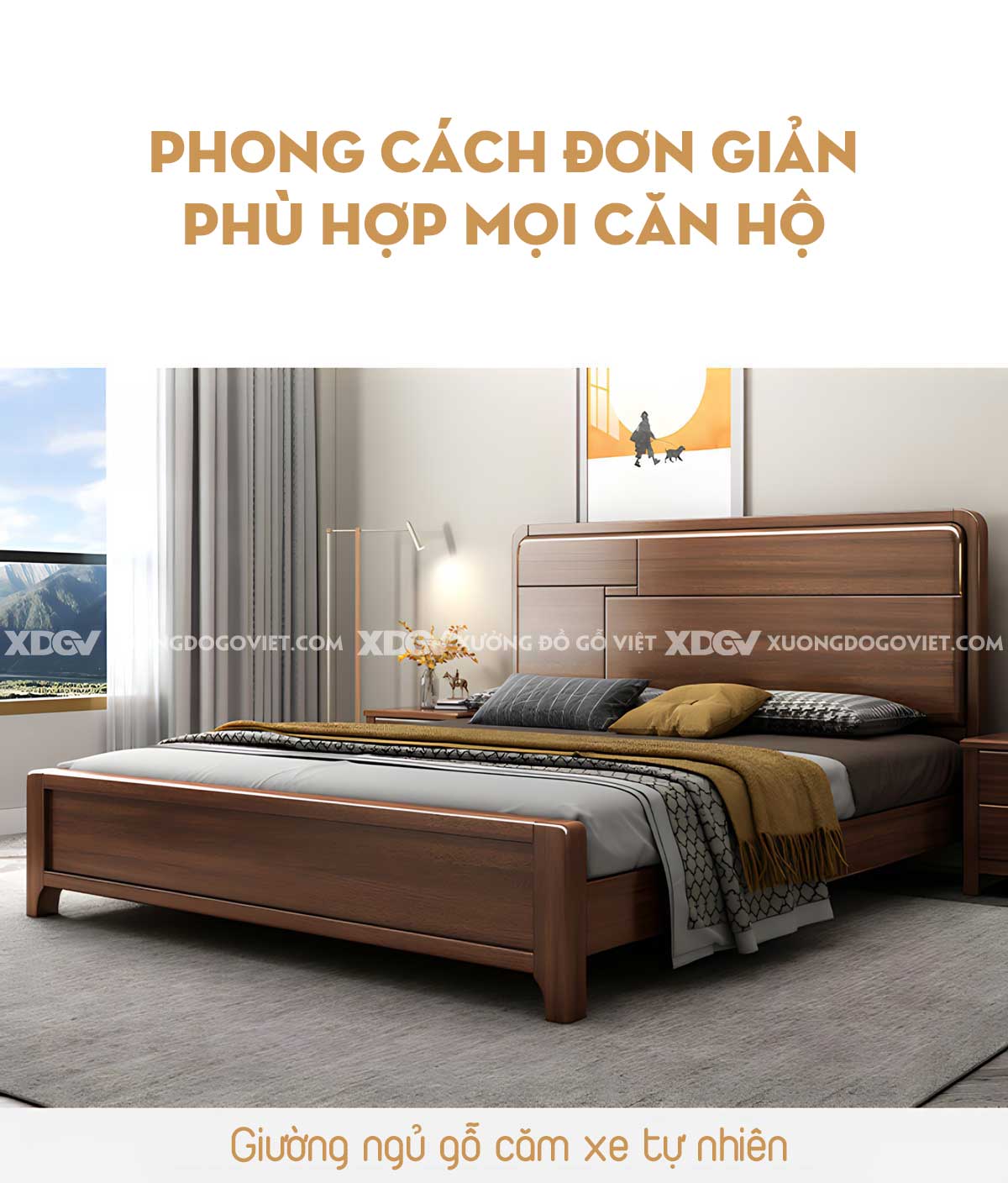 Giường Ngủ Gỗ Căm Xe Bo Tròn Góc Đầu Kẻ Rãnh Bất Đối Xứng