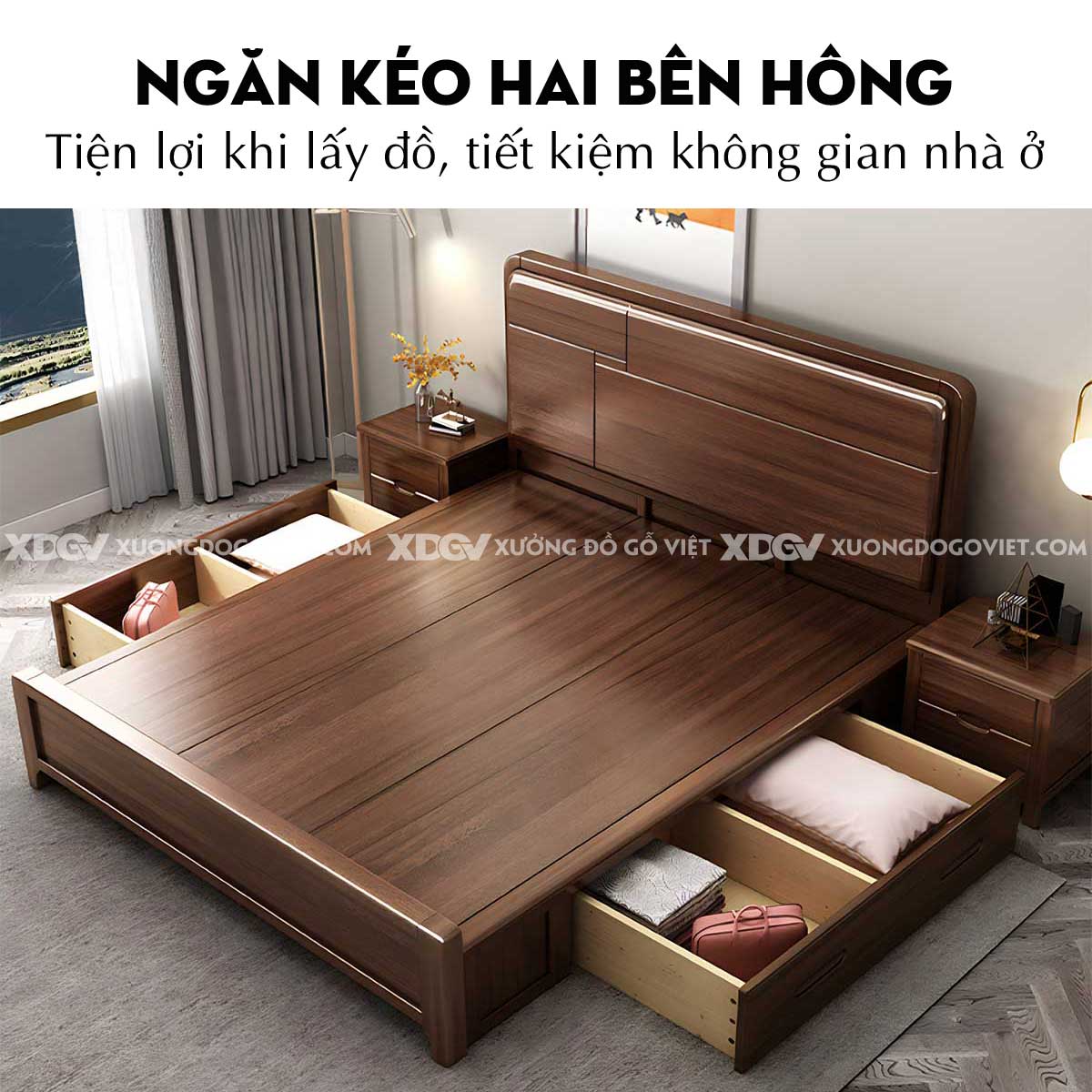 Giường Ngủ Gỗ Căm Xe Bo Tròn Góc Đầu Kẻ Rãnh Bất Đối Xứng