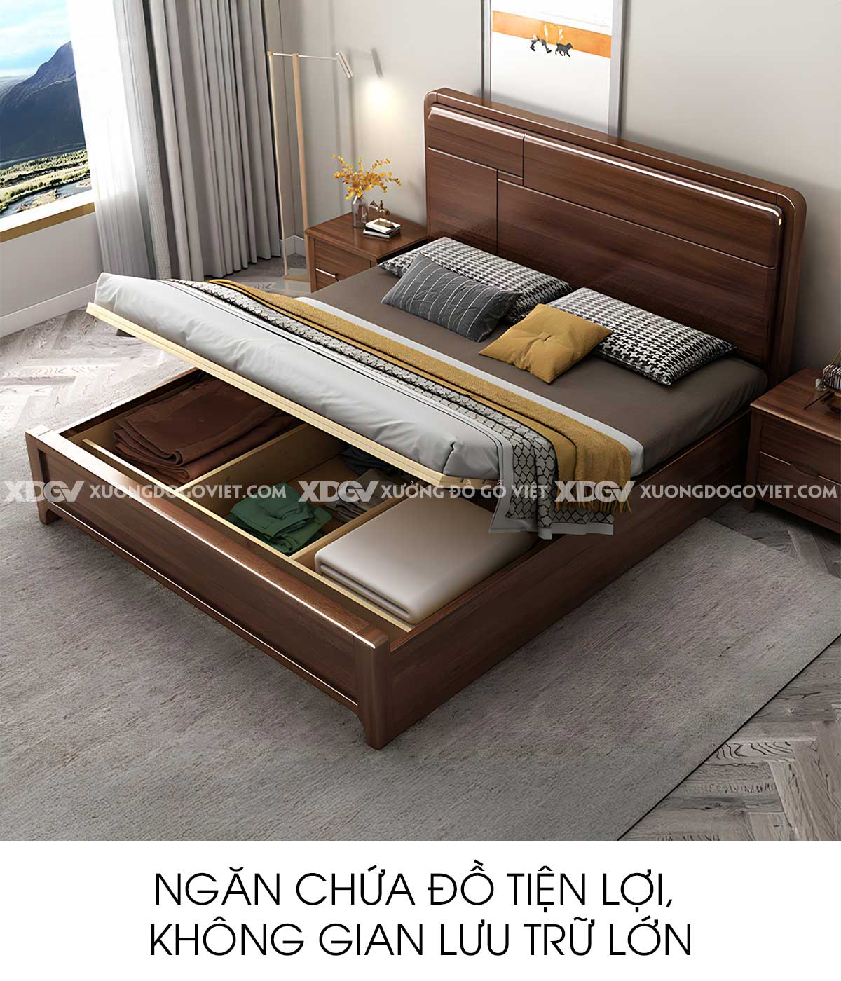 Giường Ngủ Gỗ Căm Xe Bo Tròn Góc Đầu Kẻ Rãnh Bất Đối Xứng